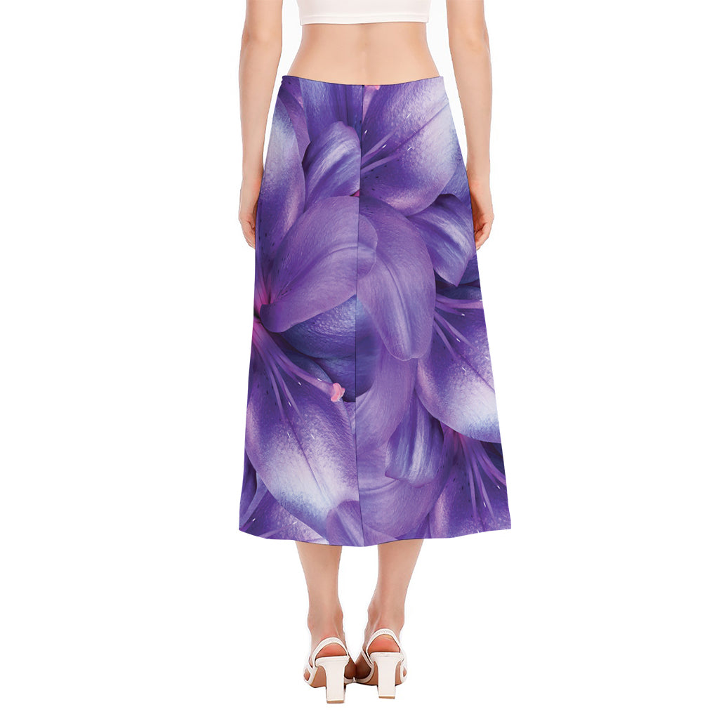 Purple Lily Flower Print Side Slit Midi Skirt