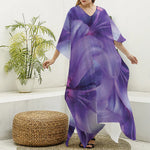 Purple Lily Flower Print Silk V-Neck Kaftan Dress