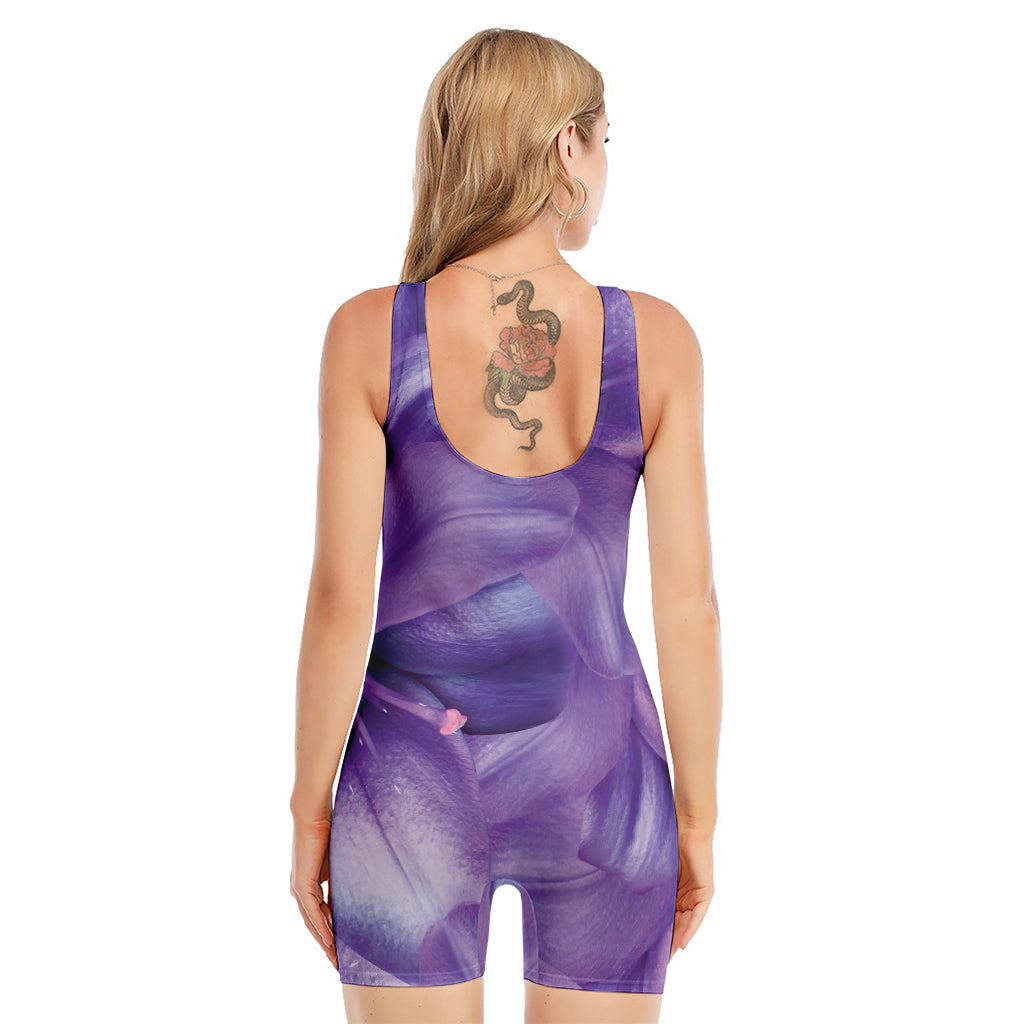 Purple Lily Flower Print Sleeveless One Piece Swimsuit