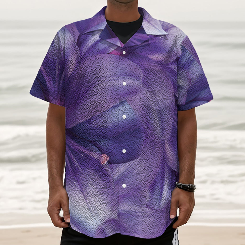Purple Lily Flower Print Textured Short Sleeve Shirt