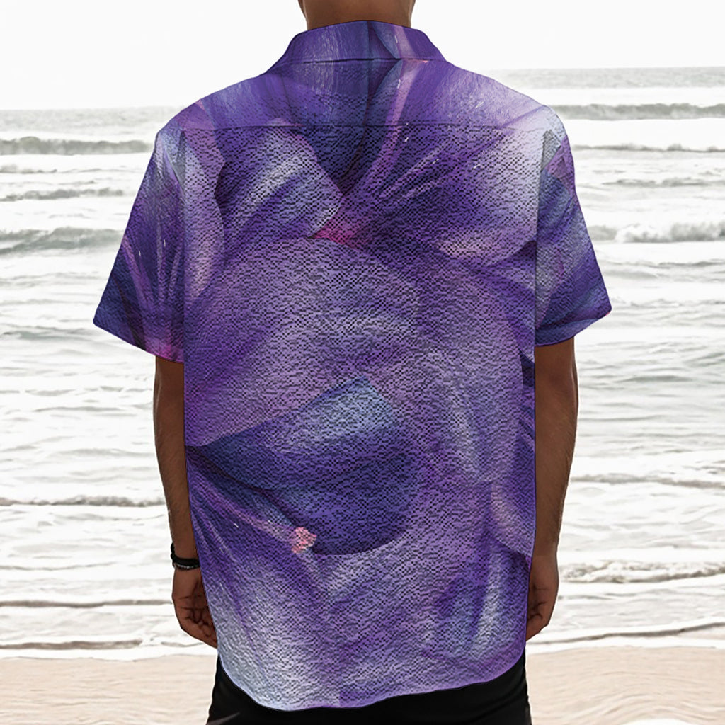 Purple Lily Flower Print Textured Short Sleeve Shirt