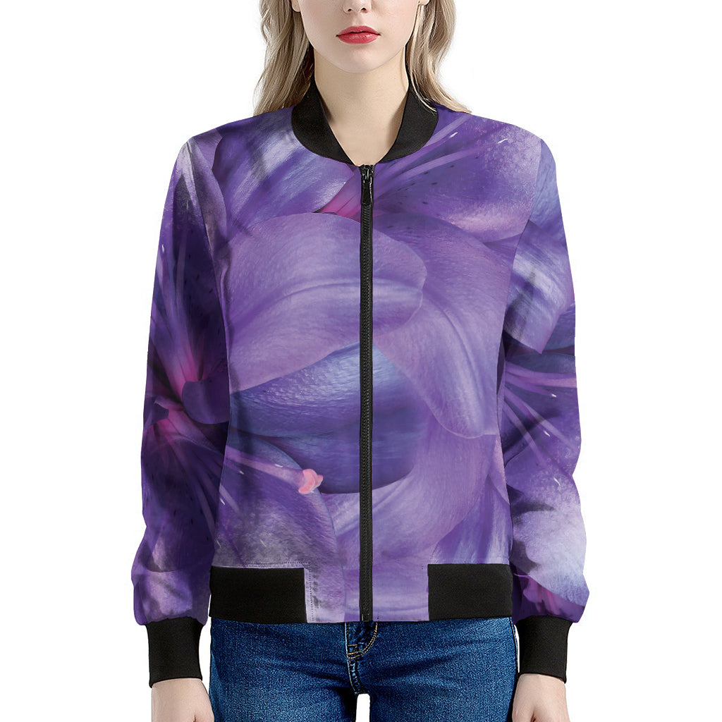 Purple Lily Flower Print Women's Bomber Jacket