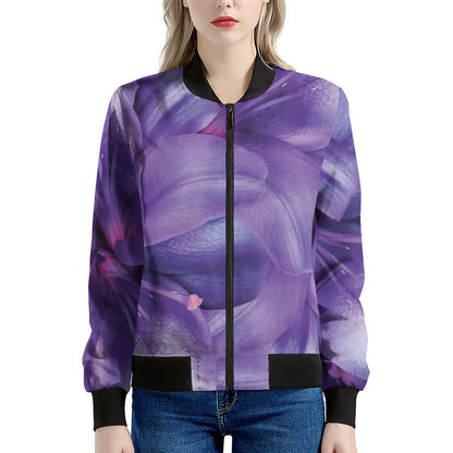 Purple Lily Flower Print Women's Bomber Jacket