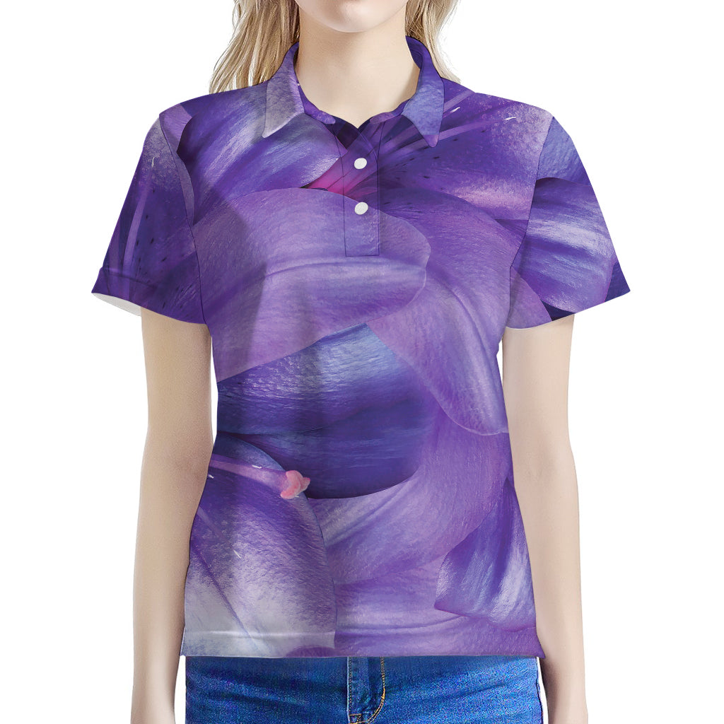 Purple Lily Flower Print Women's Polo Shirt