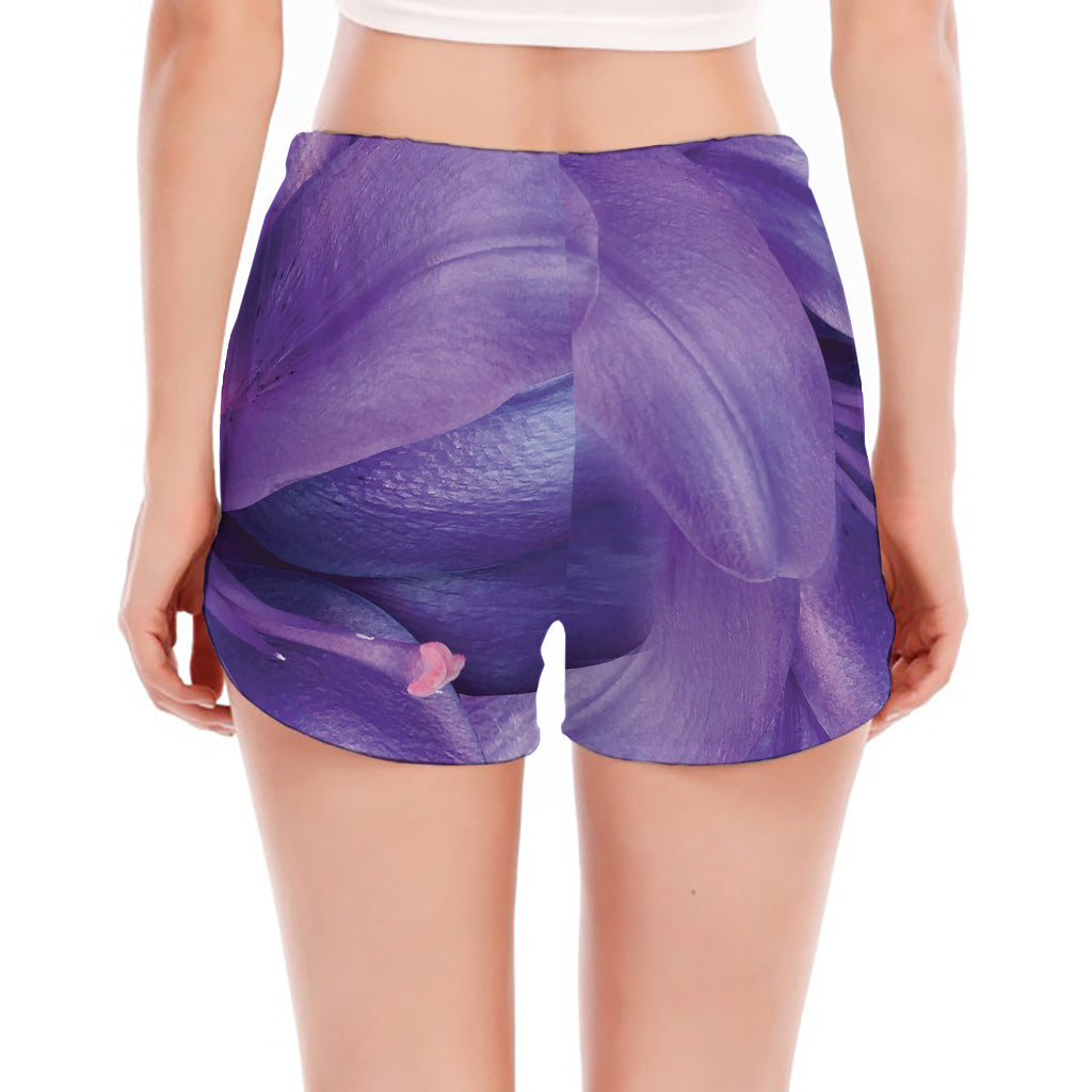 Purple Lily Flower Print Women's Split Running Shorts