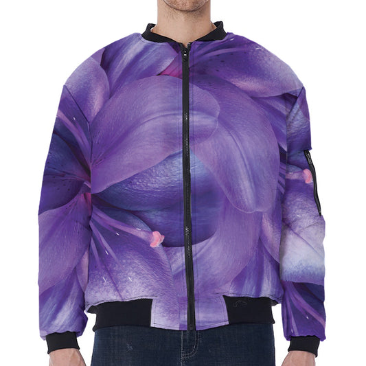 Purple Lily Flower Print Zip Sleeve Bomber Jacket