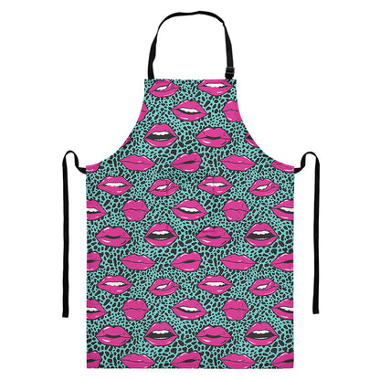 Purple Lips Pattern Print Bib Apron With Pocket