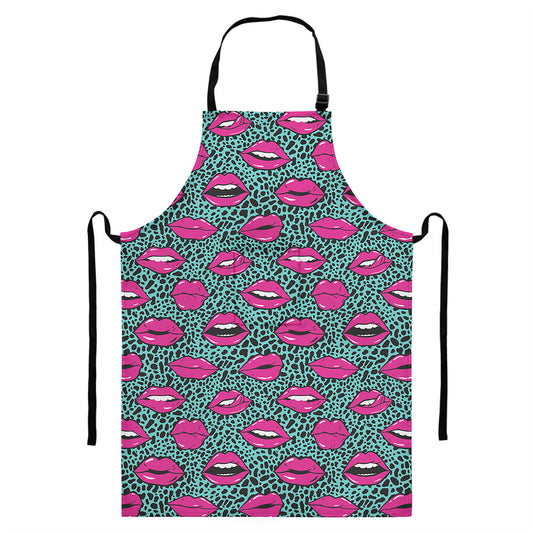 Purple Lips Pattern Print Bib Apron With Pocket