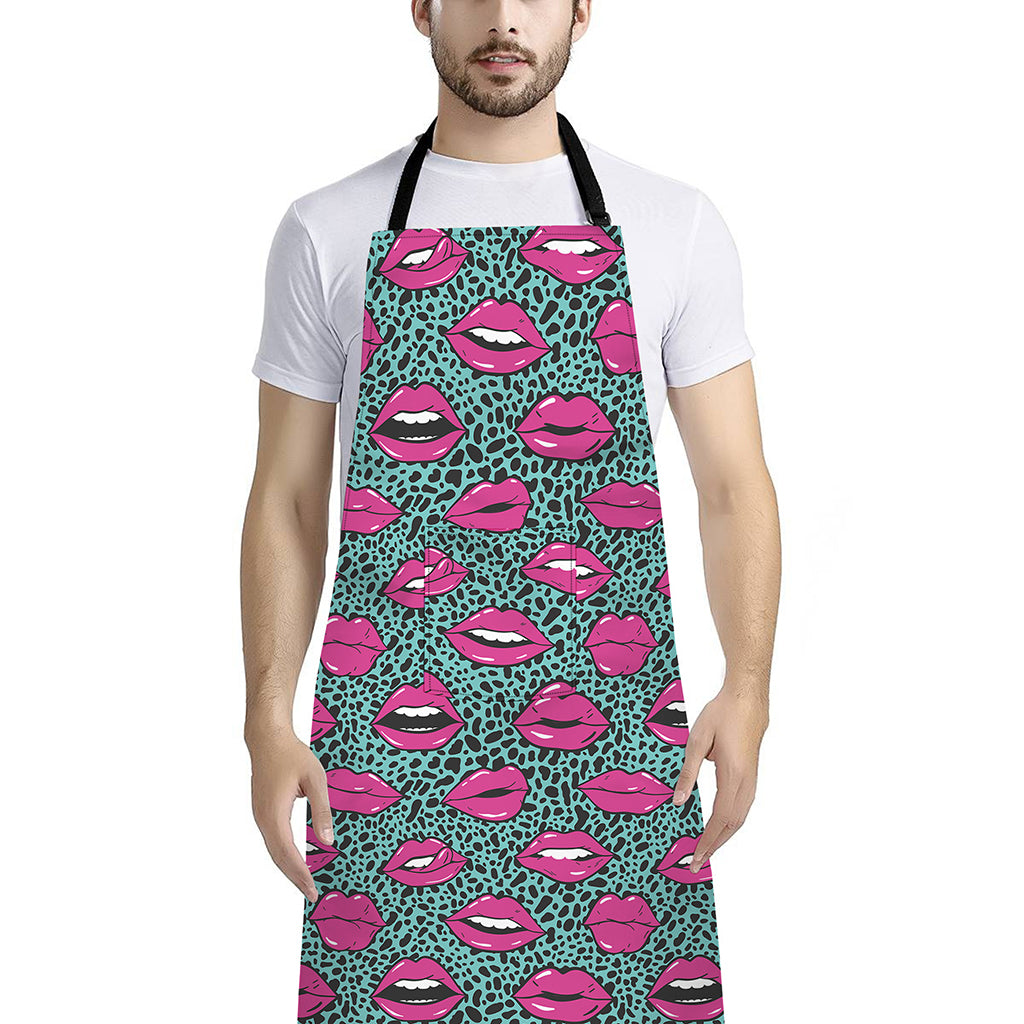 Purple Lips Pattern Print Bib Apron With Pocket