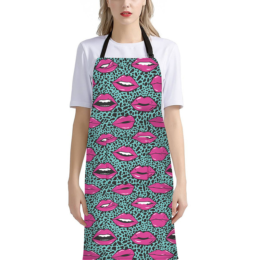 Purple Lips Pattern Print Bib Apron With Pocket