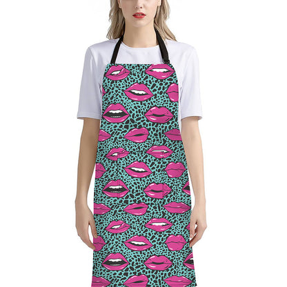 Purple Lips Pattern Print Bib Apron With Pocket