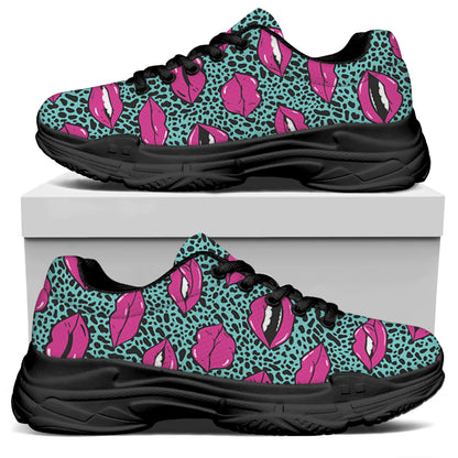 Purple Lips Pattern Print Black Chunky Shoes