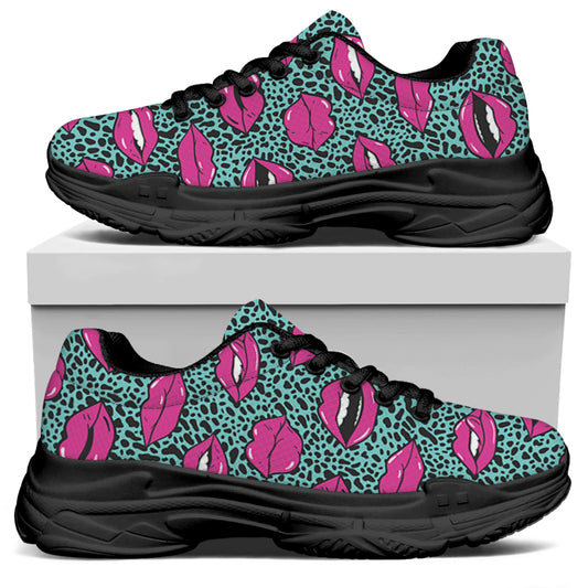 Purple Lips Pattern Print Black Chunky Shoes