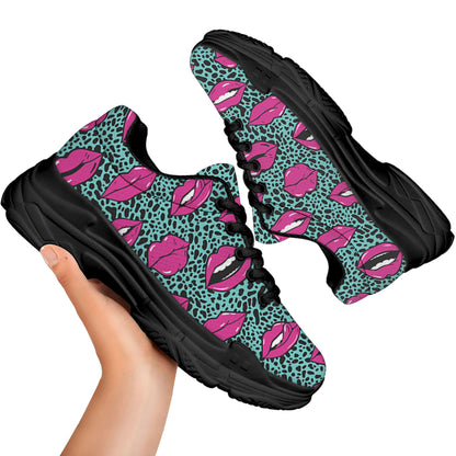 Purple Lips Pattern Print Black Chunky Shoes
