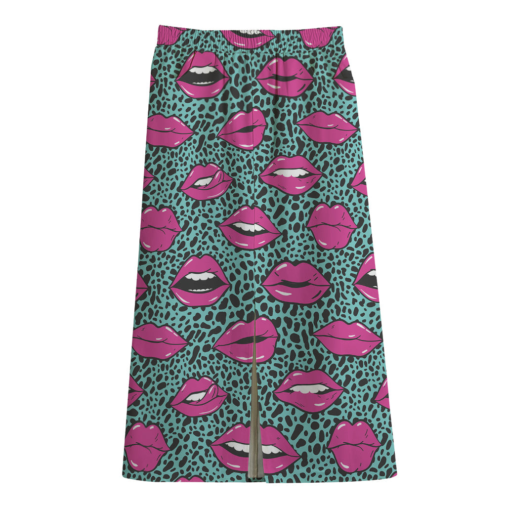 Purple Lips Pattern Print Cotton Front Slit Maxi Skirt