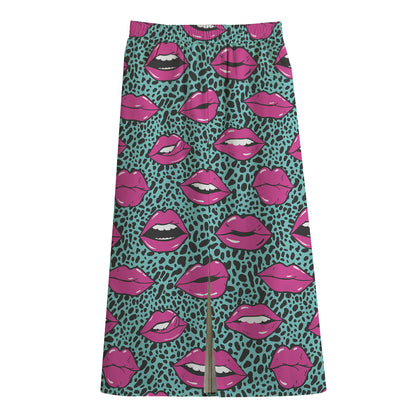 Purple Lips Pattern Print Cotton Front Slit Maxi Skirt
