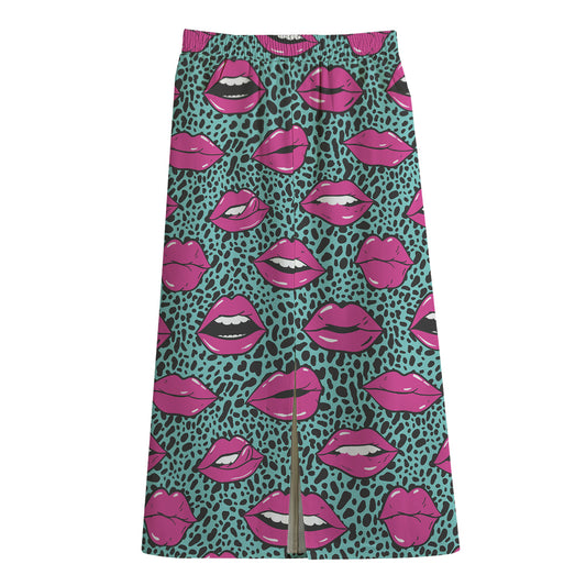 Purple Lips Pattern Print Cotton Front Slit Maxi Skirt