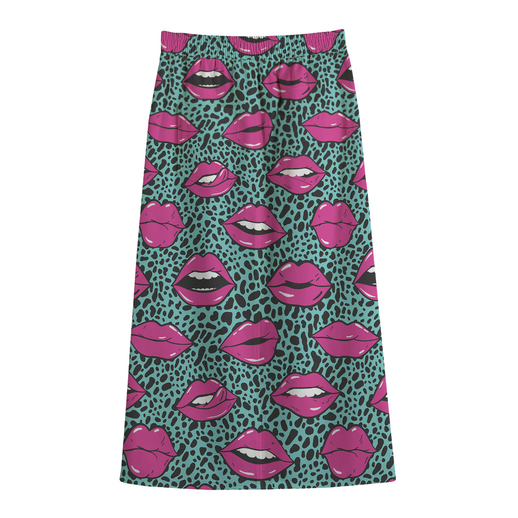 Purple Lips Pattern Print Cotton Front Slit Maxi Skirt