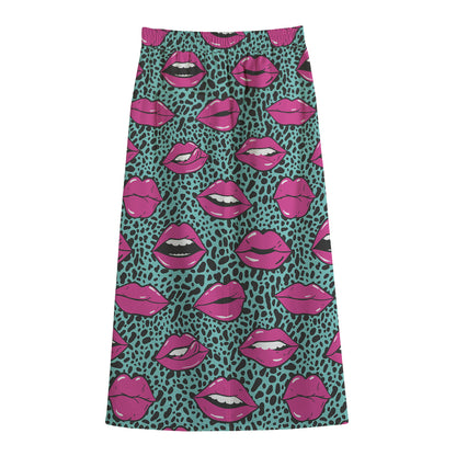 Purple Lips Pattern Print Cotton Front Slit Maxi Skirt