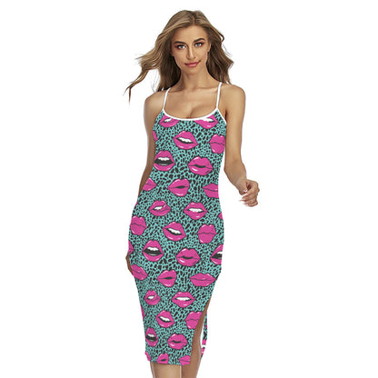 Purple Lips Pattern Print Cross Back Cami Dress