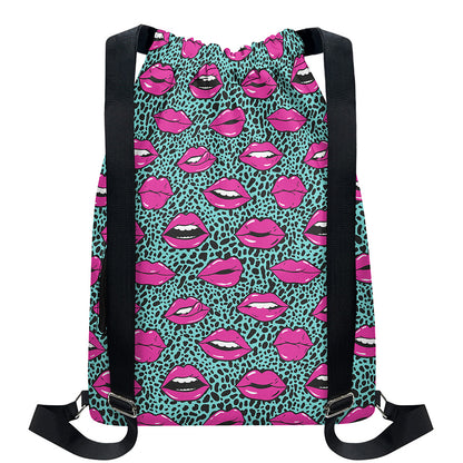 Purple Lips Pattern Print Drawstring Backpack