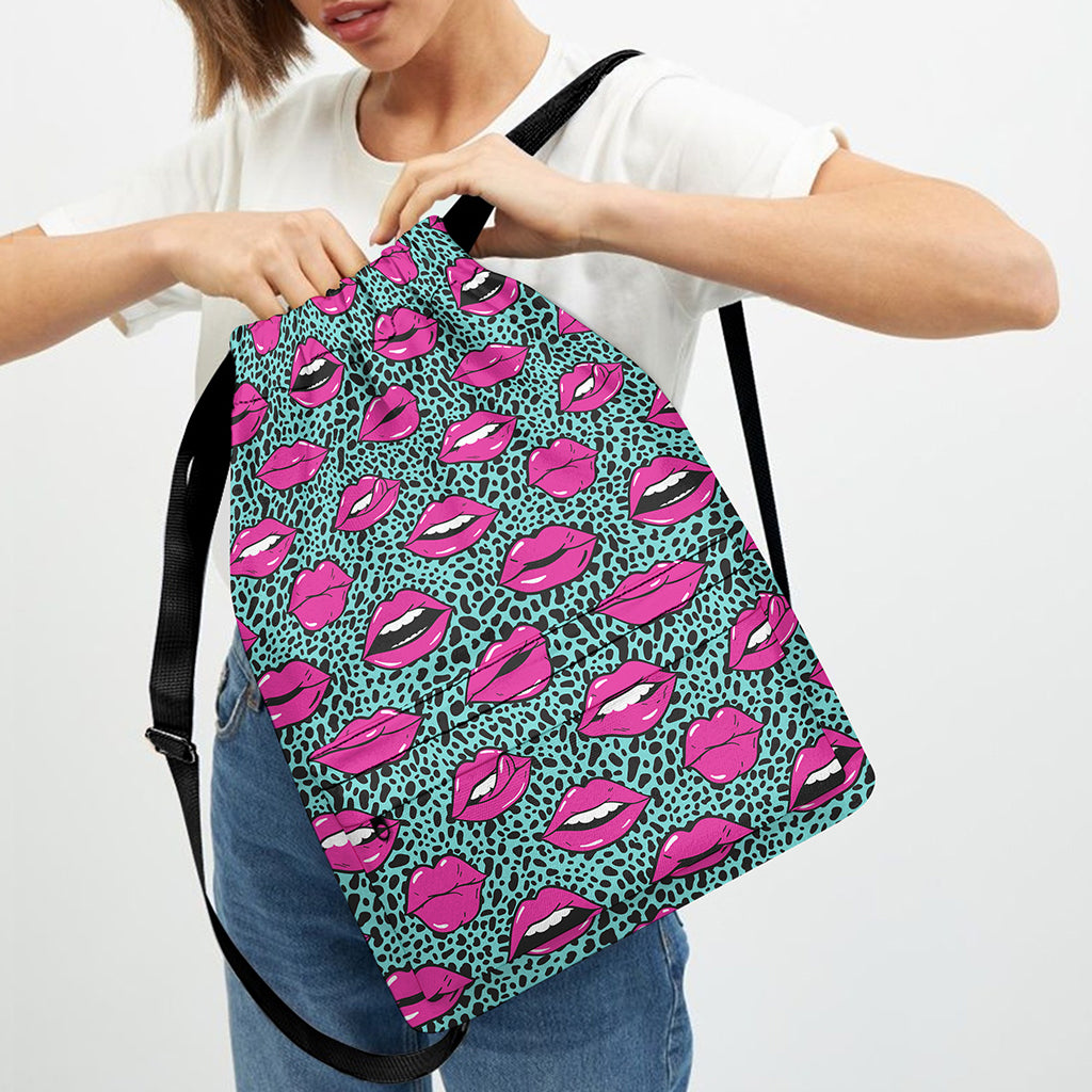 Purple Lips Pattern Print Drawstring Backpack