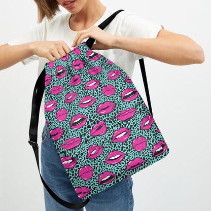 Purple Lips Pattern Print Drawstring Backpack