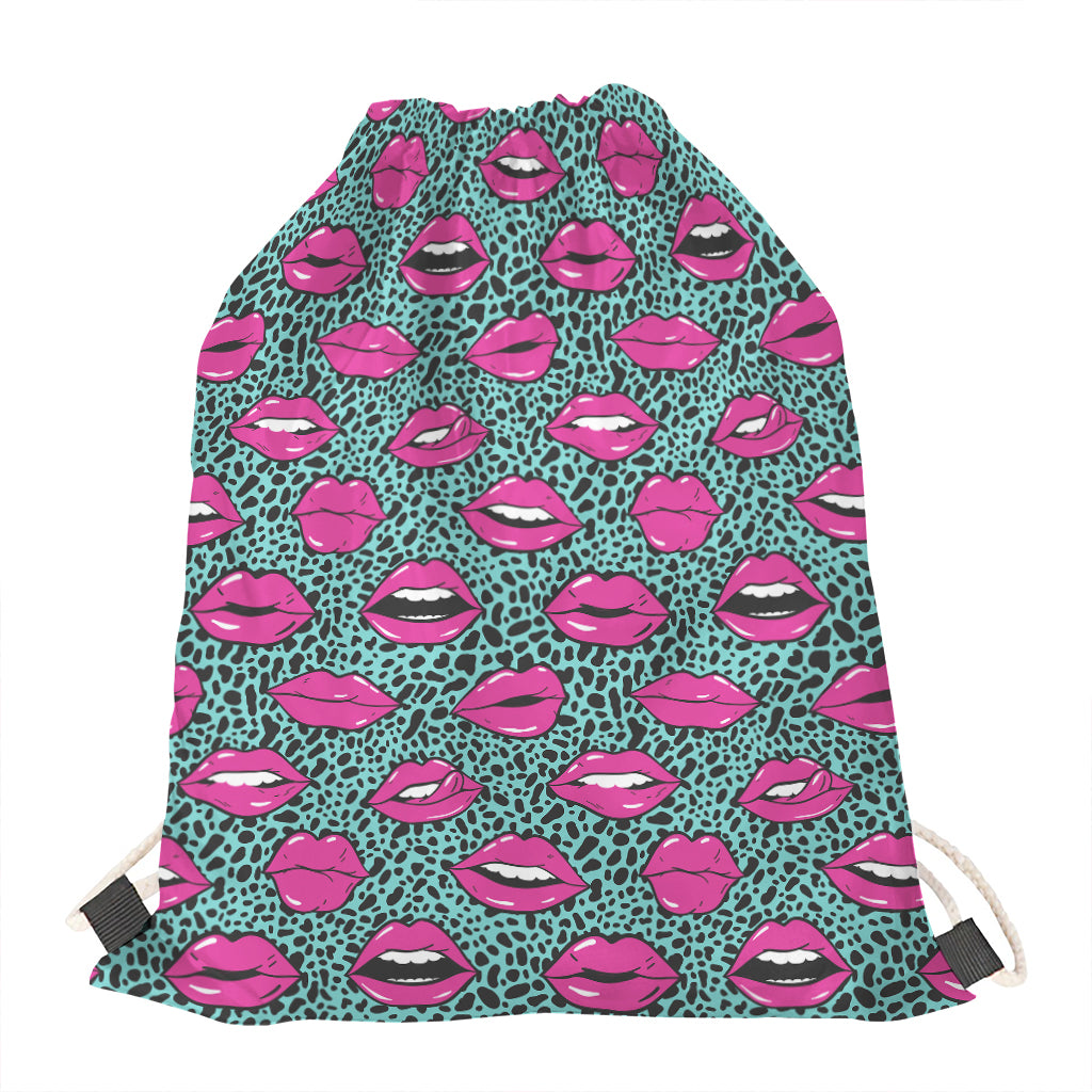 Purple Lips Pattern Print Drawstring Bag