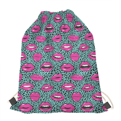 Purple Lips Pattern Print Drawstring Bag