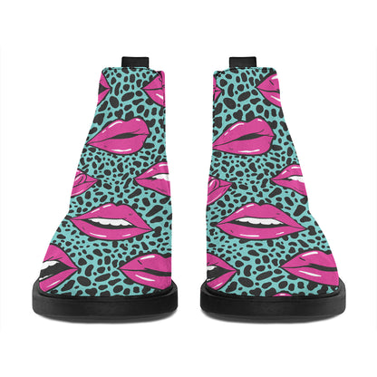 Purple Lips Pattern Print Flat Ankle Boots