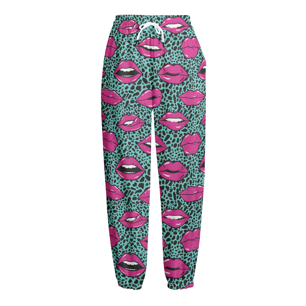 Purple Lips Pattern Print Fleece Lined Knit Pants