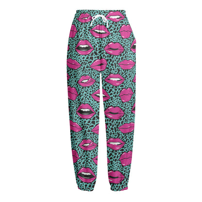 Purple Lips Pattern Print Fleece Lined Knit Pants