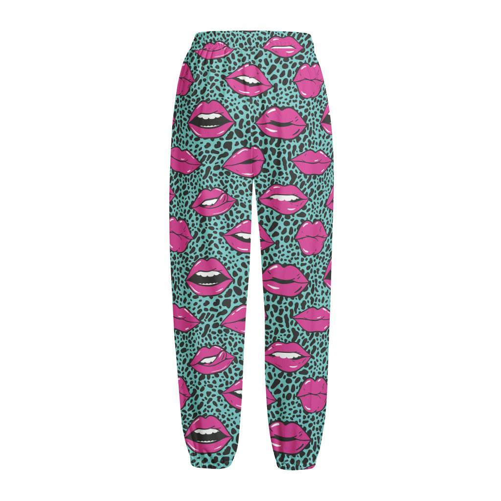 Purple Lips Pattern Print Fleece Lined Knit Pants