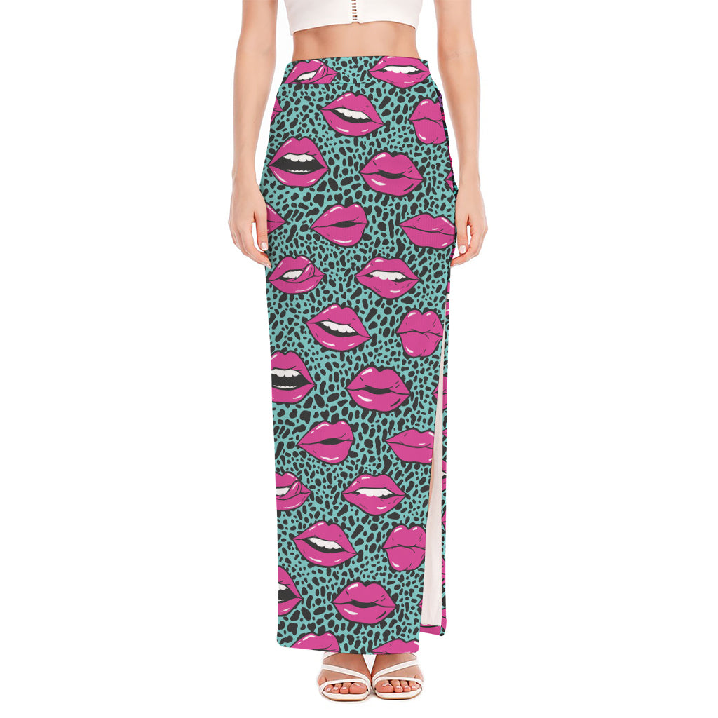 Purple Lips Pattern Print High Slit Maxi Skirt