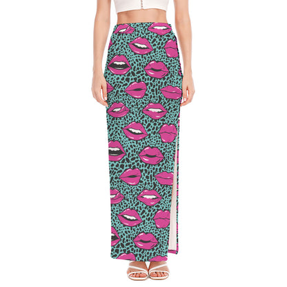 Purple Lips Pattern Print High Slit Maxi Skirt