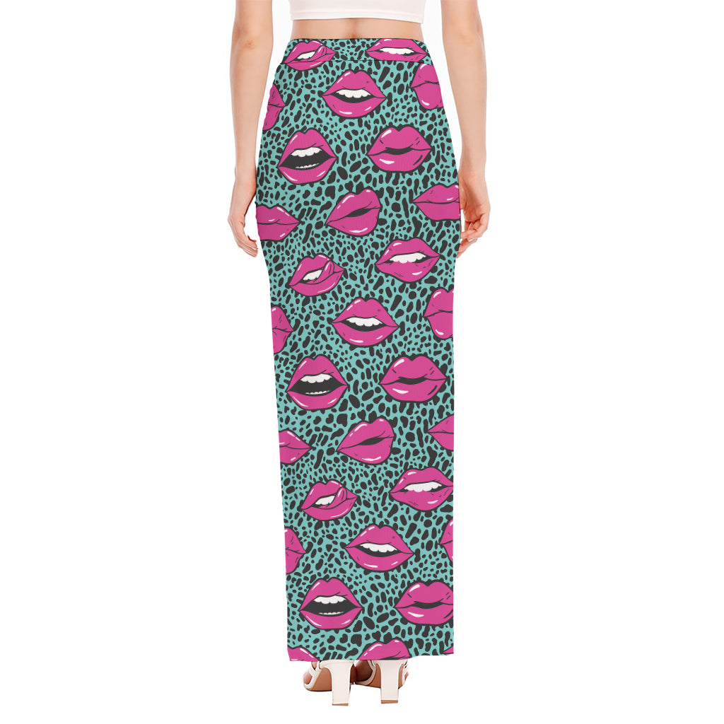 Purple Lips Pattern Print High Slit Maxi Skirt