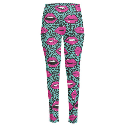 Purple Lips Pattern Print High-Waisted Pocket Leggings