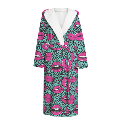Purple Lips Pattern Print Hooded Bathrobe