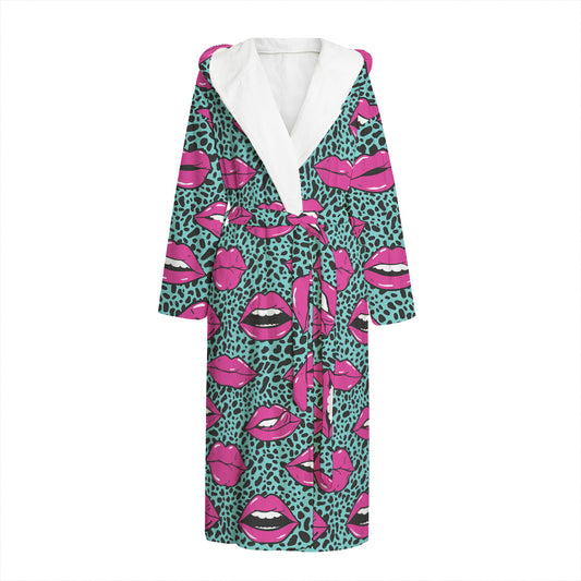 Purple Lips Pattern Print Hooded Bathrobe