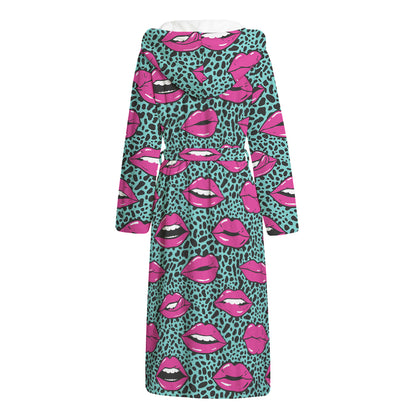 Purple Lips Pattern Print Hooded Bathrobe