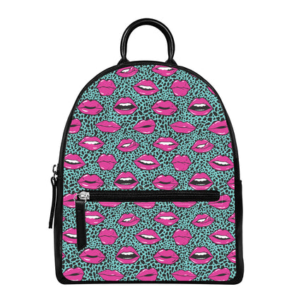 Purple Lips Pattern Print Leather Backpack