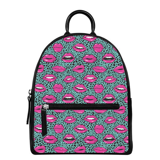 Purple Lips Pattern Print Leather Backpack