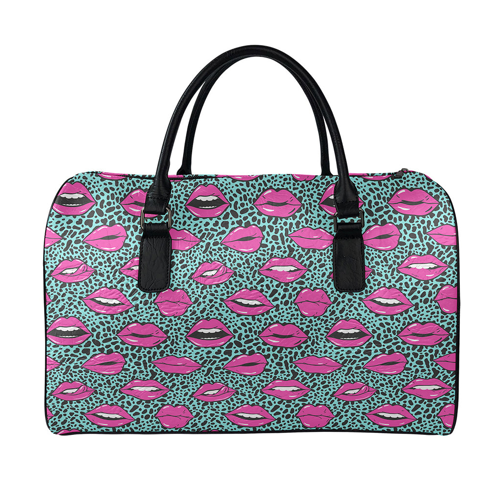 Purple Lips Pattern Print Leather Duffle Bag