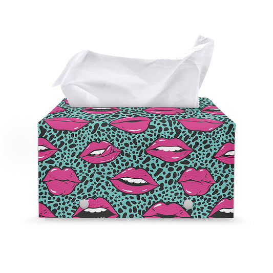 Purple Lips Pattern Print Leather Tissue Box Cover