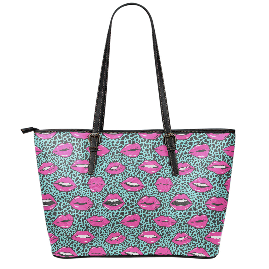 Purple Lips Pattern Print Leather Tote Bag