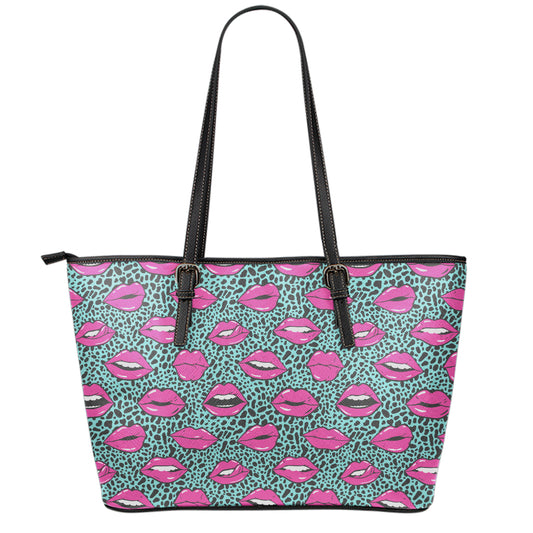 Purple Lips Pattern Print Leather Tote Bag