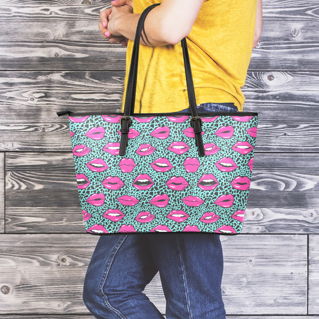 Purple Lips Pattern Print Leather Tote Bag