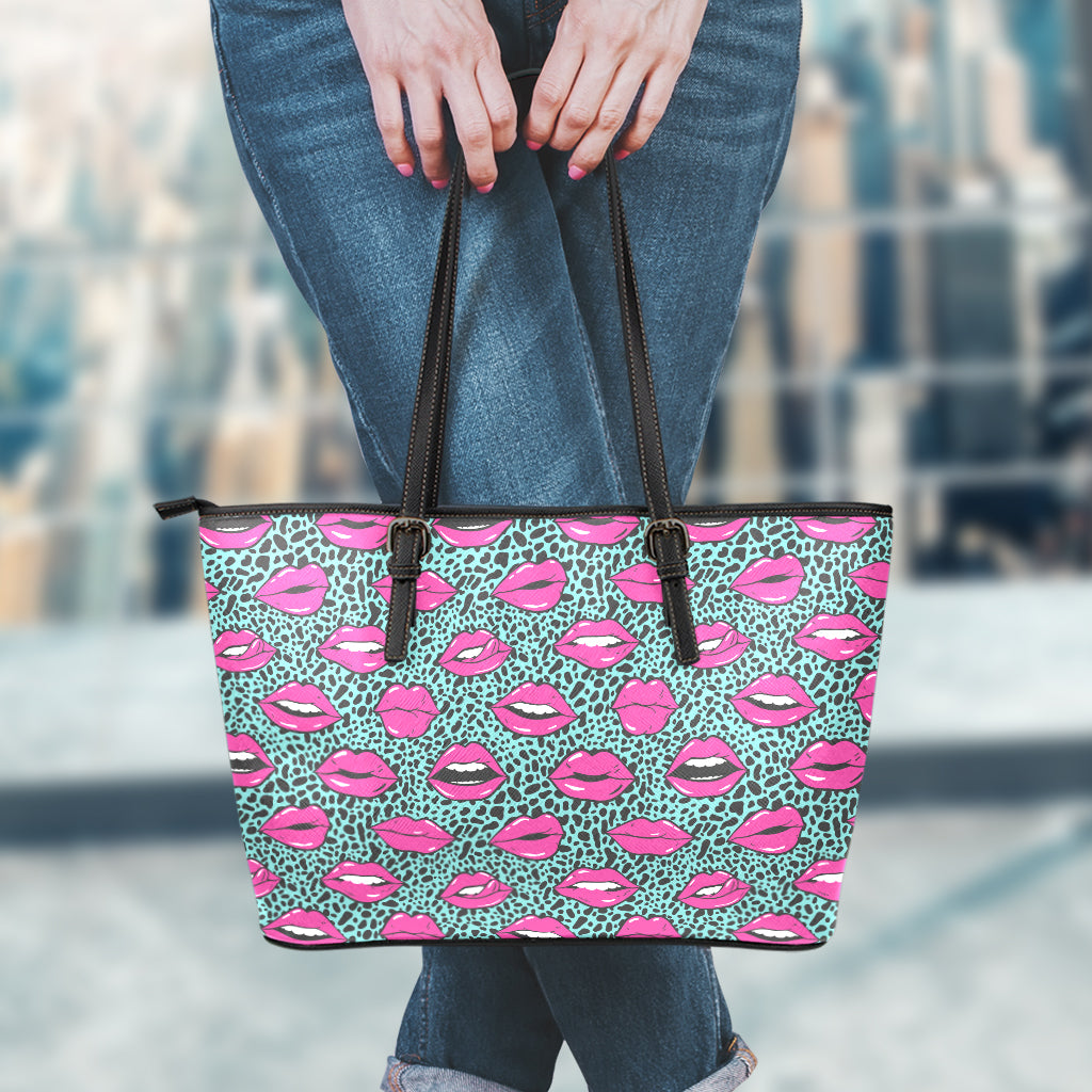Purple Lips Pattern Print Leather Tote Bag