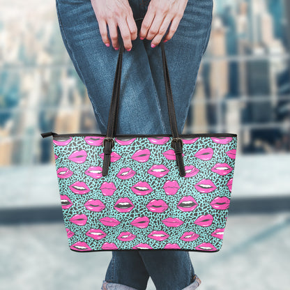 Purple Lips Pattern Print Leather Tote Bag