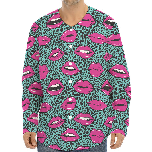 Purple Lips Pattern Print Long Sleeve Baseball Jersey